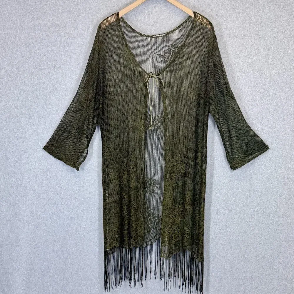 Boho Olive Green Open Knit Fringe Kimono Cardigan Cover Up Duster Crochet Top - Picture 1 of 9